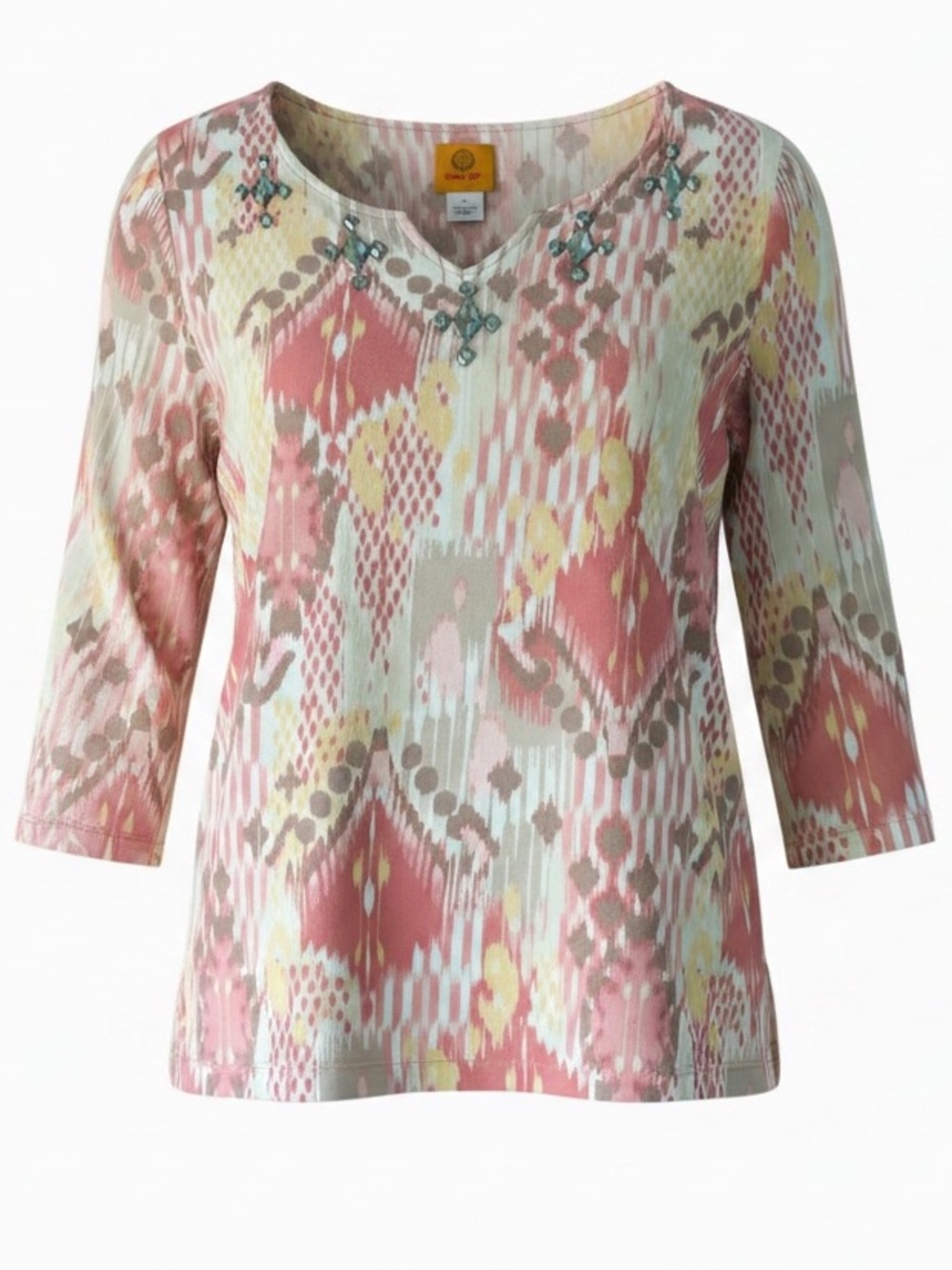 Ruby Rd. Pink Cream & Yellow Patterned V-Neck Tunic with Beaded Accents